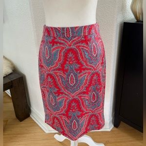 Red & blue JCrew graphic paisley print pencil skirt